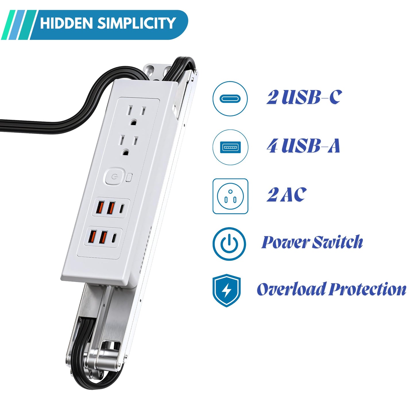 Drawer Outlet Kit PD30W USB-C Fast Charging Station USB Power Cabinet Plug Charging Strip Recessed Vanity Table Box Desk Nightstand Mount Organizer, 14 AWG Power Cable for Kitchen Bedroom-White