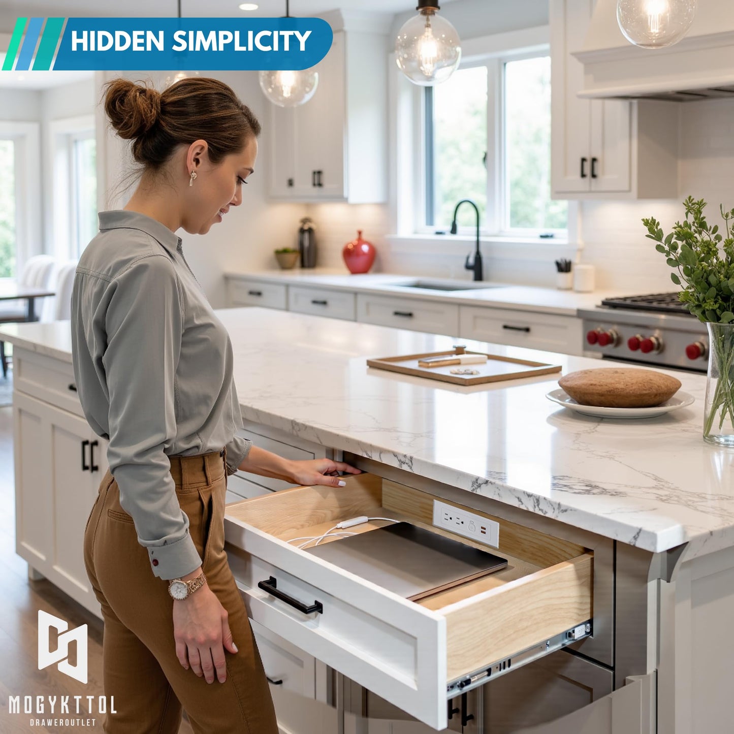 Drawer Outlet Kit QC18W Fast Charging Station USB Power Cabinet Plug Charging Strip Recessed Vanity Table Box Desk Nightstand Mount Organizer, 14 AWG Power Cable for Kitchen Bedroom-White