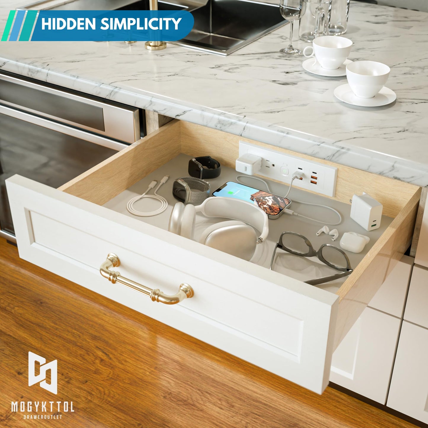 Drawer Outlet Kit QC18W Fast Charging Station USB Power Cabinet Plug Charging Strip Recessed Vanity Table Box Desk Nightstand Mount Organizer, 14 AWG Power Cable for Kitchen Bedroom-White